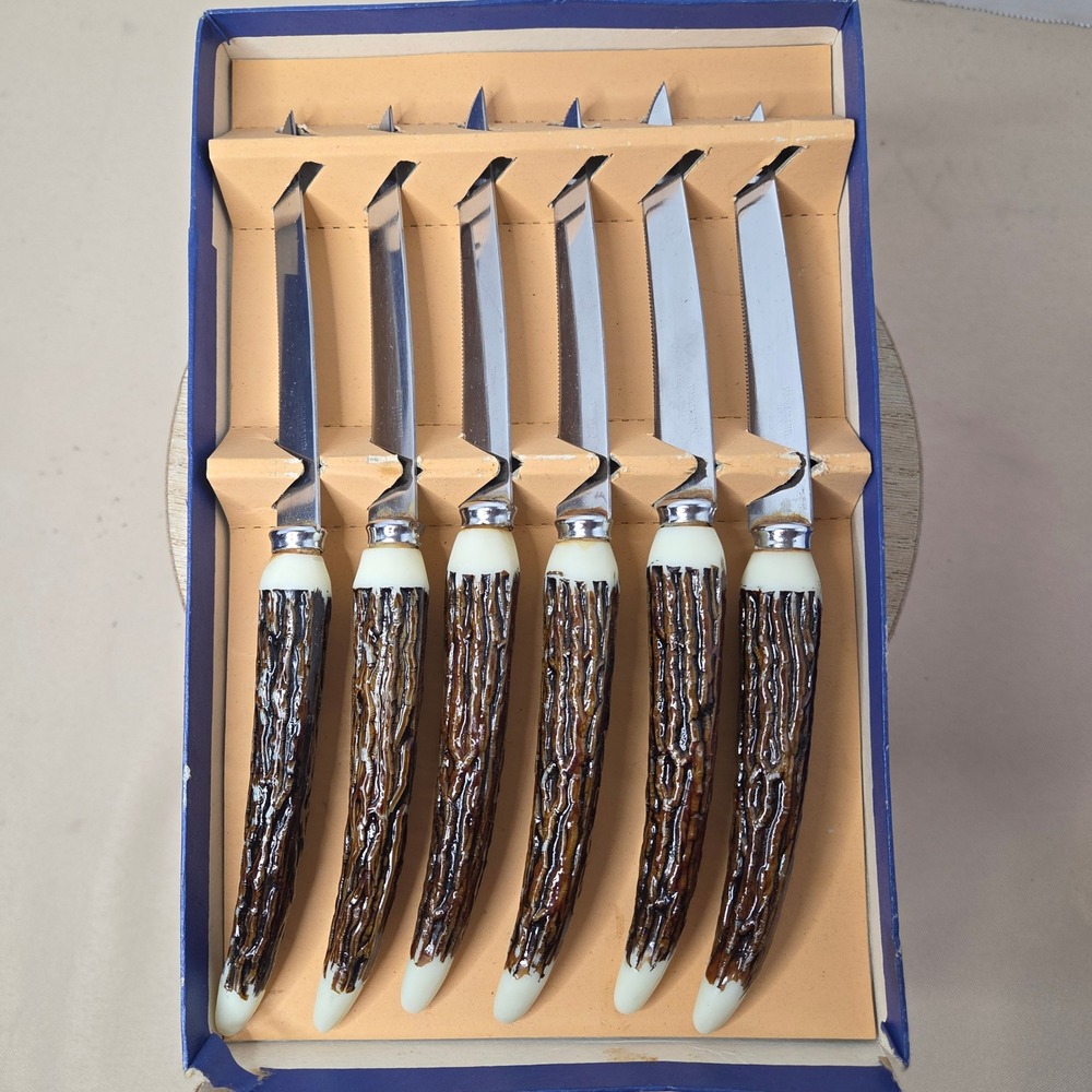 Vintage Faux Antler Handle Steak Knives Set of 6 in partial Original‎ Box